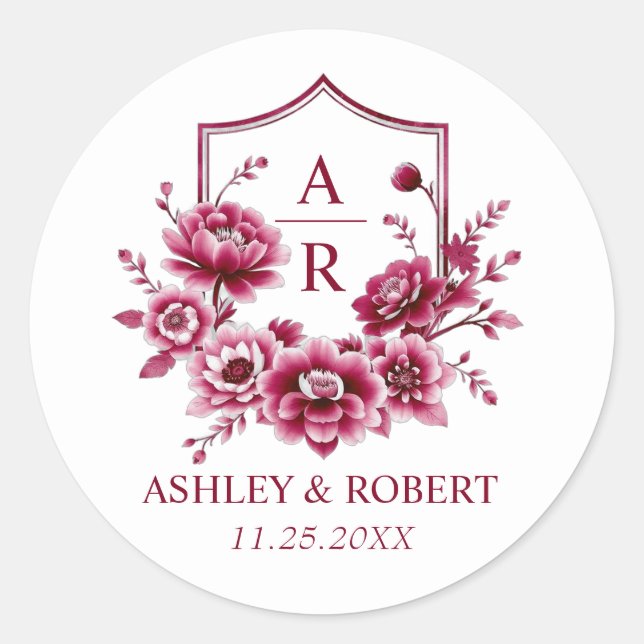 Burgundy floral crest and initials wedding classic round sticker (Front)