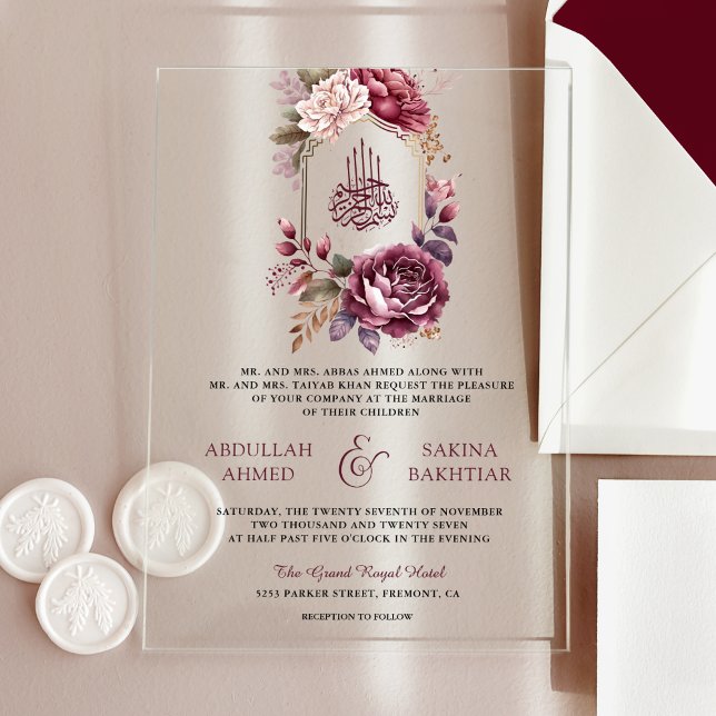Burgundy Floral Crest Muslim Wedding Acrylic Invitations (Creator Uploaded)