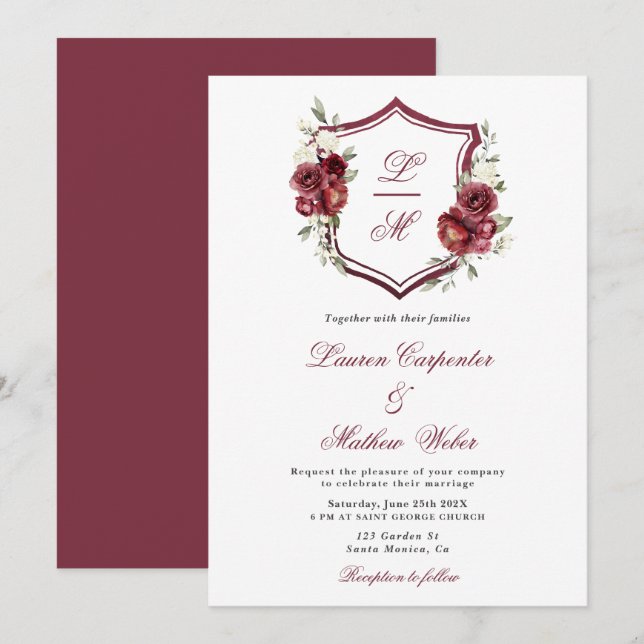 Burgundy Floral Crest Wedding invitation (Front/Back)
