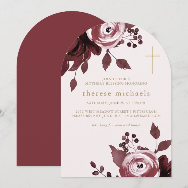 Burgundy Floral Cross Christian Mother's Blessing Invitation (Front/Back)