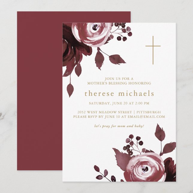 Burgundy Floral Cross Christian Mother's Blessing Invitation (Front/Back)