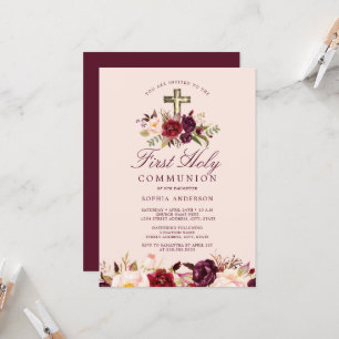 Burgundy Floral Cross Girls First Communion Invitation