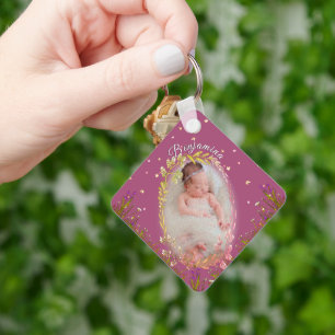 Burgundy Floral Custom Baby Girl Name Keepsake Key Ring