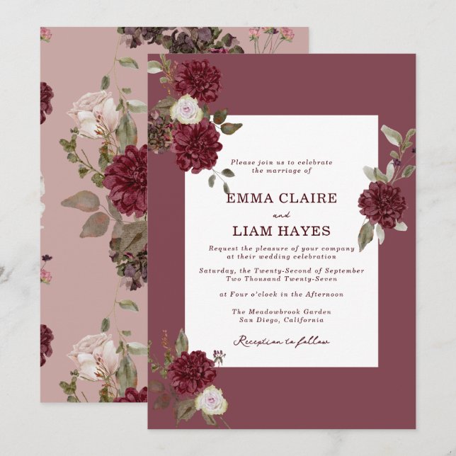 Burgundy Floral Deep Wine Old Money Wedding Invitation (Front/Back)