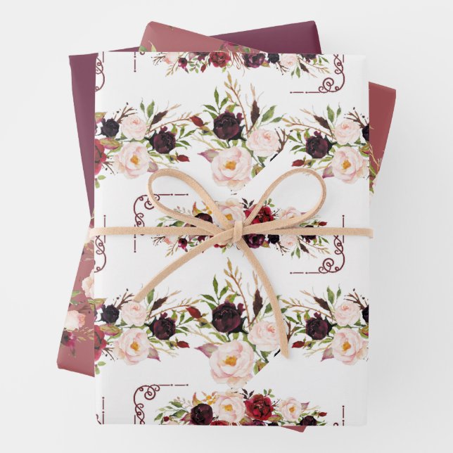 Burgundy Floral Design  Wrapping Paper Sheet (In situ)