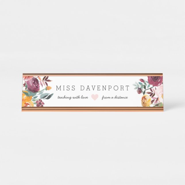 Burgundy Floral Distance Learning Teacher Gift Desk Name Plate (Front)