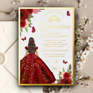 Burgundy Floral Dress Butterfly Quinceanera Gold