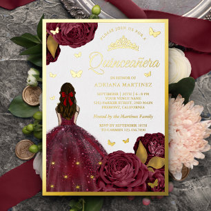 Burgundy Floral Dress Butterfly Quinceanera Gold