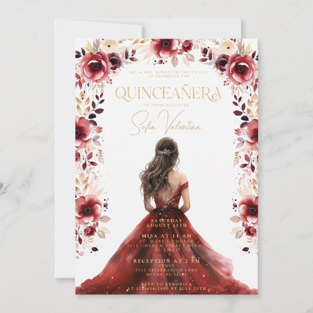 Burgundy Floral Dress Gown Floral Quinceañera Invitation (Front)