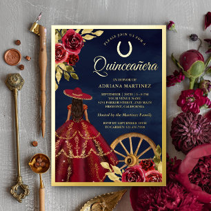 Burgundy Floral Dress Navy Charro Quinceanera Gold