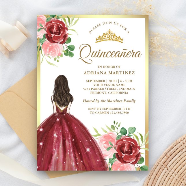 Burgundy Floral Dress Princess Gold Quinceanera Invitation (Creator Uploaded)