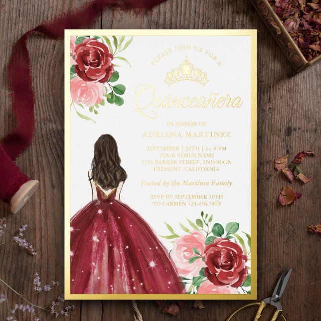 Burgundy Floral Dress Princess Quinceanera Gold (Creator Uploaded)