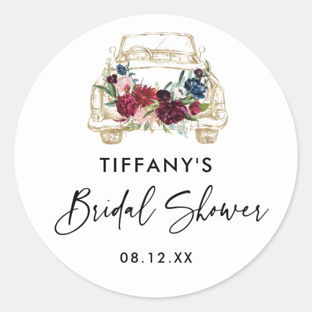 Burgundy Floral Drive By Bridal Shower Classic Round Sticker (Front)