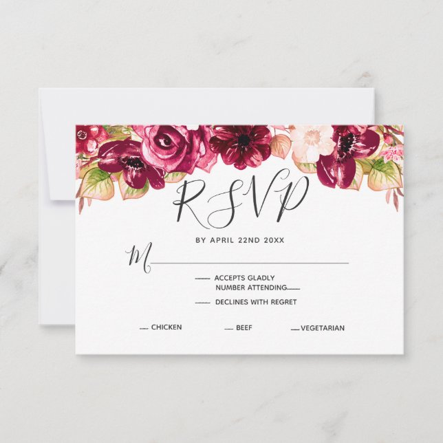 Burgundy Floral Drop Wedding Meal Choice RSVP Card (Front)