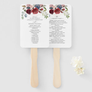 Burgundy Floral Dusty Blue Flowers Wedding Program Hand Fan