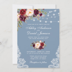 Burgundy Floral Dusty Blue Wedding Lace Lights Invitation