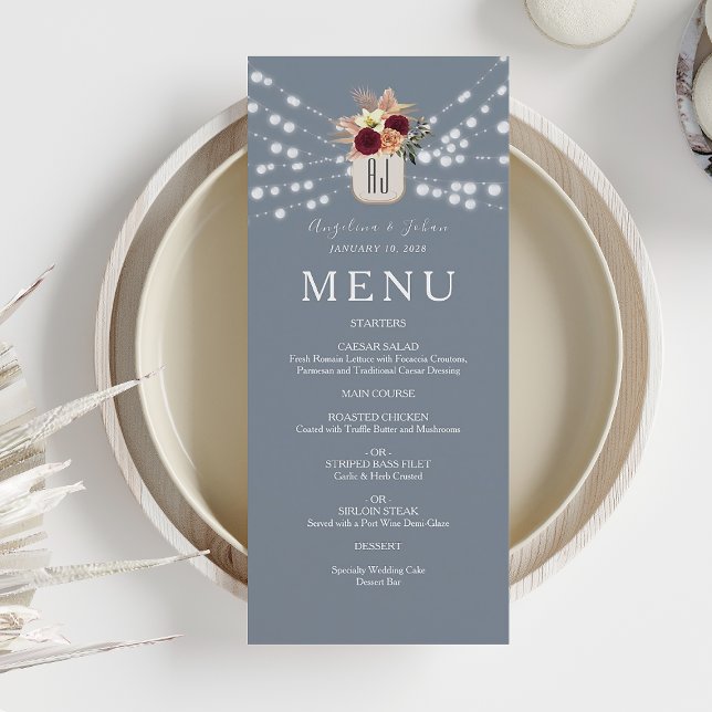 Burgundy Floral Dusty Blue Wedding Menu (Creator Uploaded)