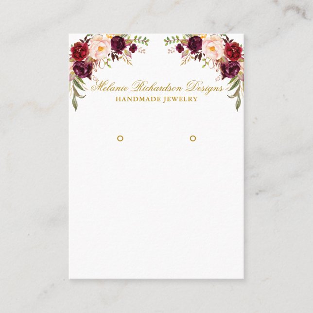 Burgundy Floral Earring Display Gold Business Card (Front)