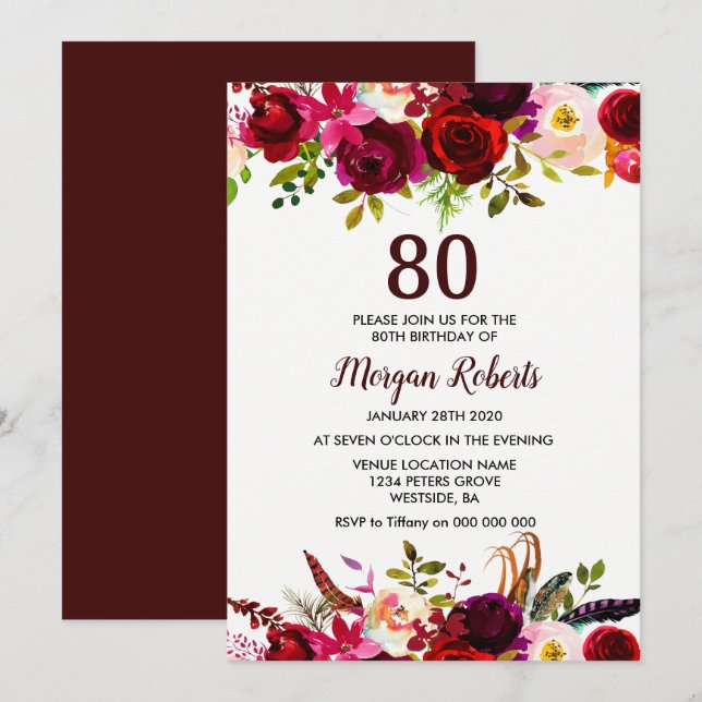 Burgundy Floral Elegant 80th Birthday Party Invite (Front/Back)