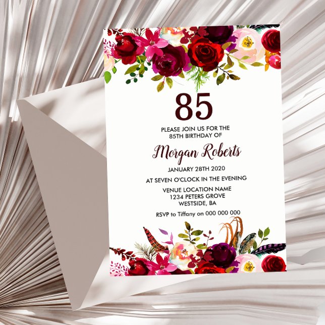 Burgundy Floral Elegant 85th Birthday Party Invite (Creator Uploaded)