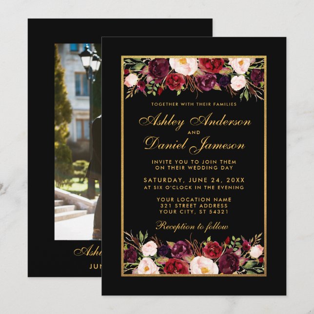 Burgundy Floral Elegant Black Gold Photo Wedding Invitation (Front/Back)