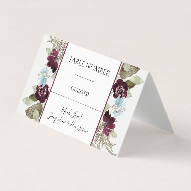 Burgundy Floral Elegant Blue Foliage Placecards Business Card (Front)