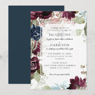 Burgundy Floral Elegant Blush Fall Foliage Wedding Invitation