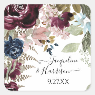Burgundy Floral Elegant Blush Jewel Tone Wedding Square Sticker