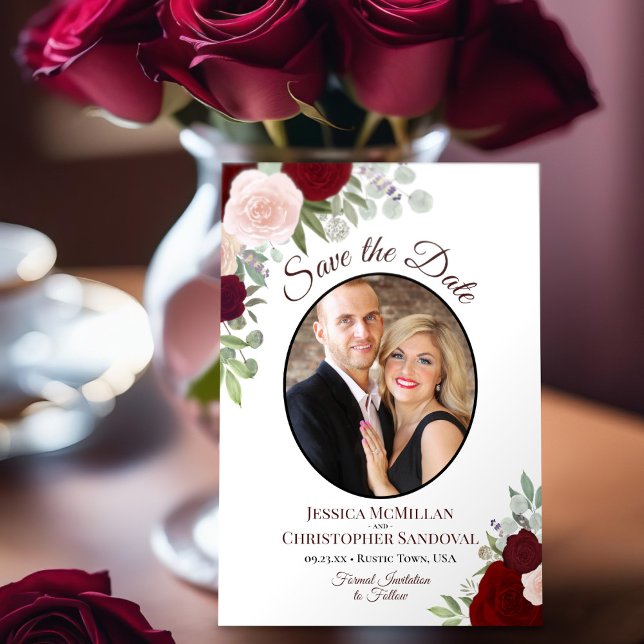 Burgundy Floral Elegant Boho Wedding Photo Save The Date (Creator Uploaded)