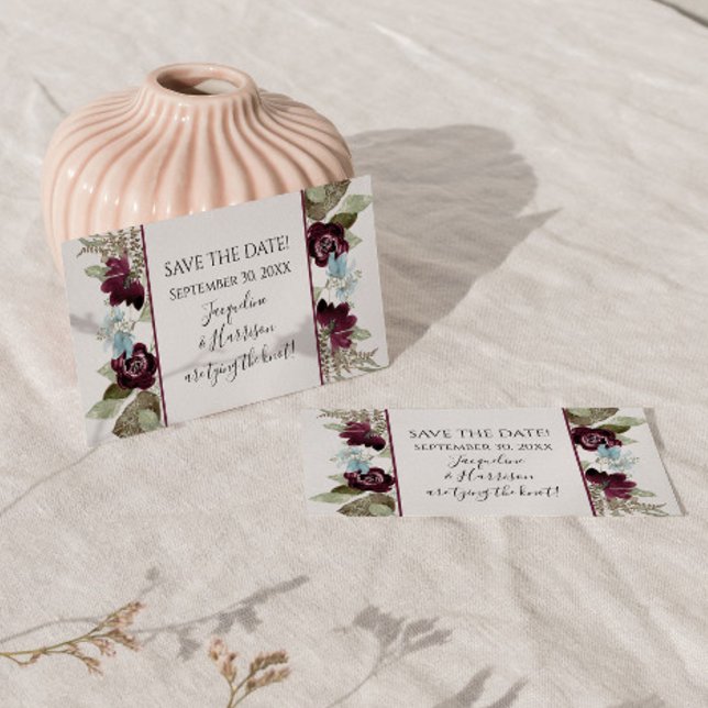Burgundy Floral Elegant Dusty Blue Save the Date Magnetic Business Card (Creator Uploaded)