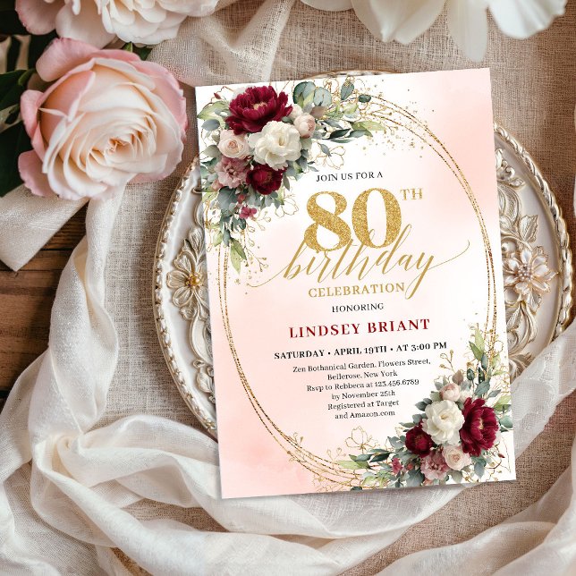 Burgundy Floral Elegant Gold 80th Birthday Invite (Burgundy Floral Elegant Gold 80th Birthday Invitation)