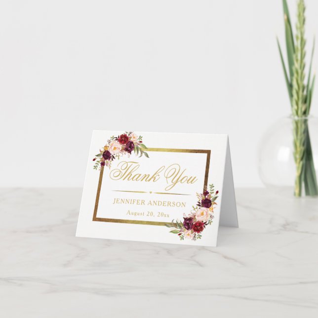 Burgundy Floral Elegant Gold Script Bridal Shower Thank You Card (Front)