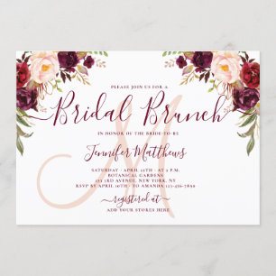 Burgundy Floral Elegant Monogram Bridal Brunch Invitation