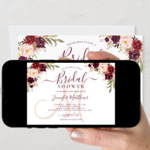 Burgundy Floral Elegant Monogram Bridal Shower Invitation