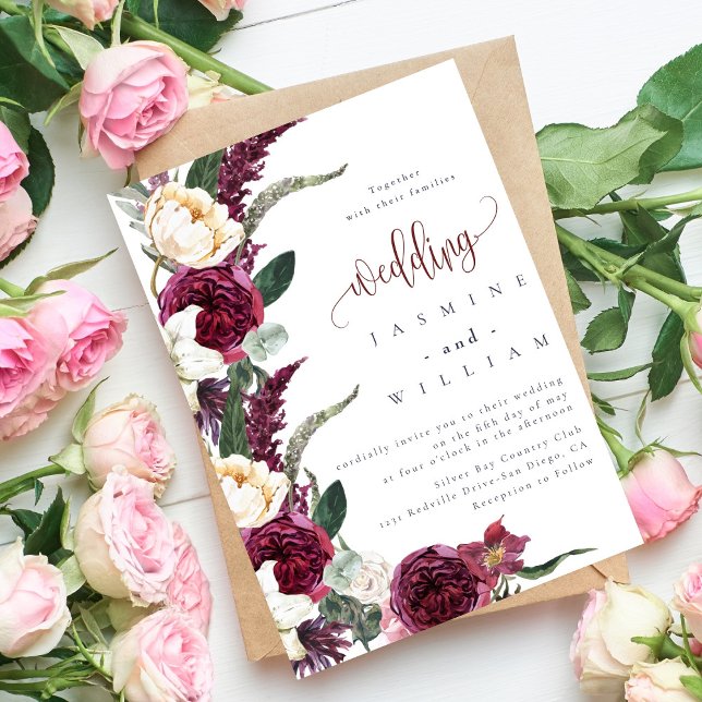 Burgundy Floral Elegant Monogram Rustic Wedding  Invitation (Creator Uploaded)