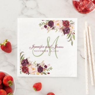 Burgundy Floral Elegant Monogram Rustic Wedding Na Napkin