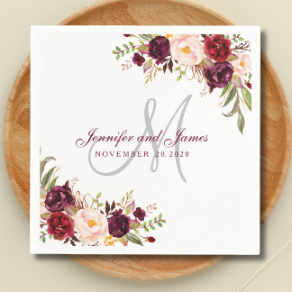Burgundy Floral Elegant Monogram Rustic Wedding Napkin