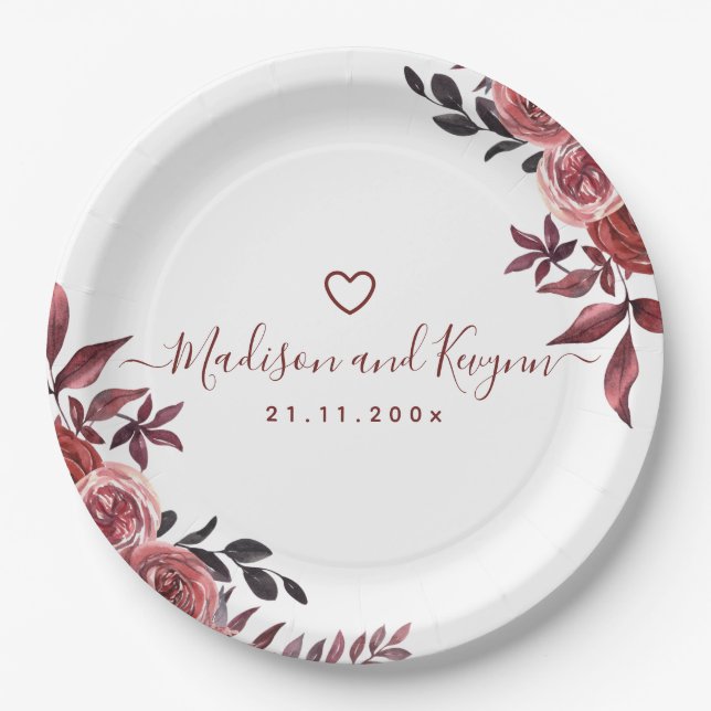 Burgundy Floral Elegant Monogram Rustic Wedding  Paper Plate (Front)