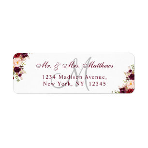 Burgundy Floral Elegant Monogram Wedding Address