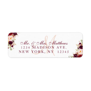 Burgundy Floral Elegant Monogram Wedding Address