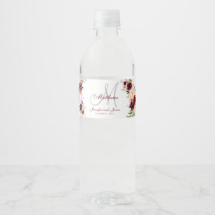 Burgundy Floral Elegant Monogram Wedding Water Bottle Label