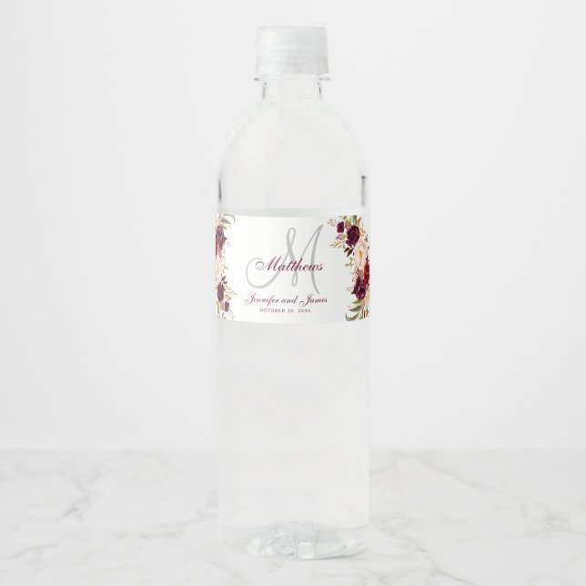 Burgundy Floral Elegant Monogram Wedding Water Bottle Label (Front)