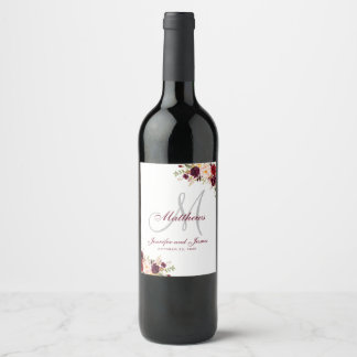Burgundy Floral Elegant Monogram Wedding Wine Label