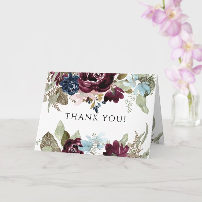 Burgundy Floral Elegant Navy Wedding Thank You Card (Orchid)