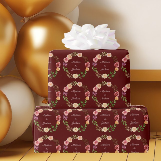Burgundy Floral Elegant Peony Monogram Wedding Wrapping Paper (Creator Uploaded)