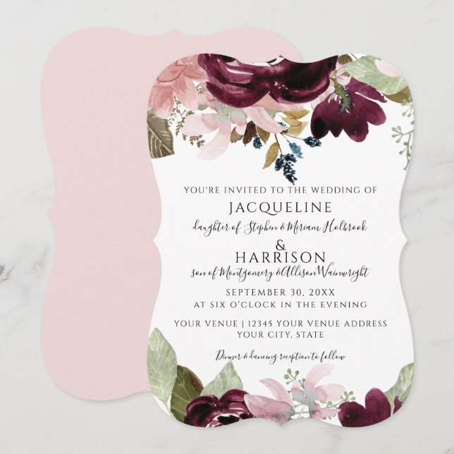 Burgundy Floral Elegant Pink Fall Foliage Wedding Invitation (Front/Back)