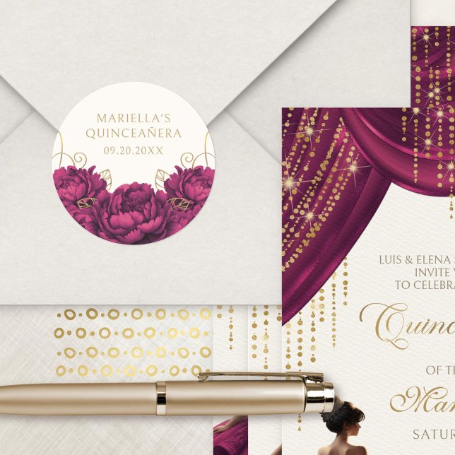 Burgundy Floral Elegant Quinceanera Classic Round Sticker (Creator Uploaded)