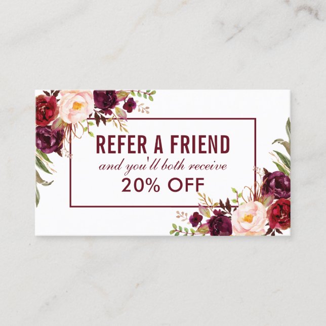 Burgundy Floral Elegant Referral Business Card (Front)