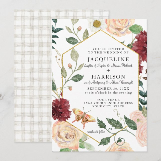 Burgundy Floral Elegant Rose Fall Foliage Wedding Invitation (Front/Back)