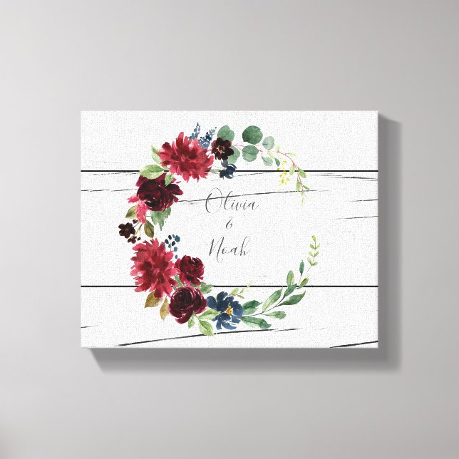 Burgundy Floral Elegant Rustic Names Keepsake Canvas Print (Front)